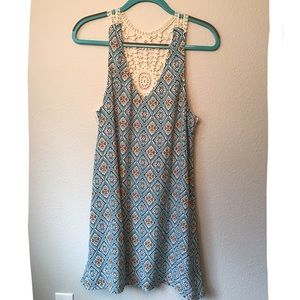 Blue/White/Orange Patterned Sleeveless Dress - M